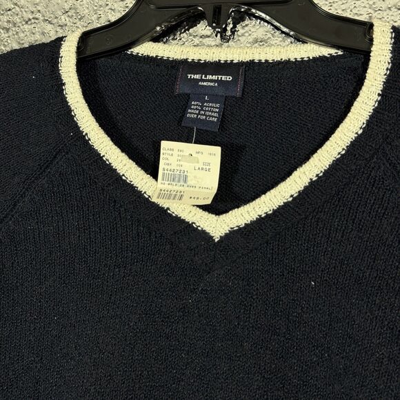 The Limited America Navy Blue White Accents Tight Knitted Long Sleeve V Neck L - Picture 2 of 4